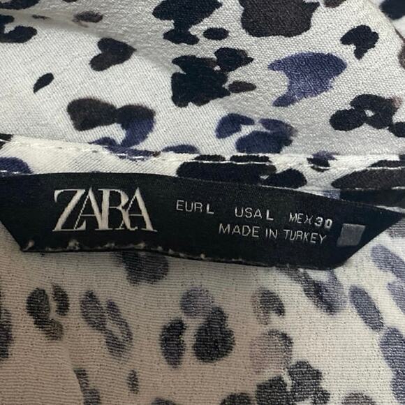 Zara White Black Leopard Long Sleeve V Neck Pleated Faux Wrap Aline Mini Dress L - Picture 4 of 5